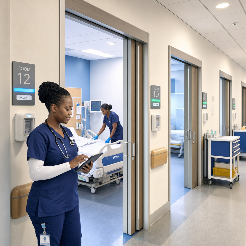 Hospital corridor with room-status indicators